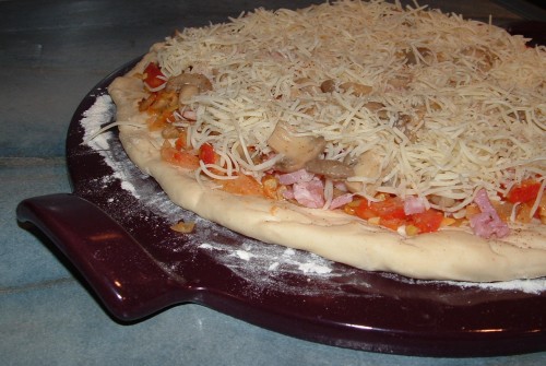 pizza, pizza stone emile henry, pâte à pizza thermomix, tomates, oignons, lardons, champignons, emmental
